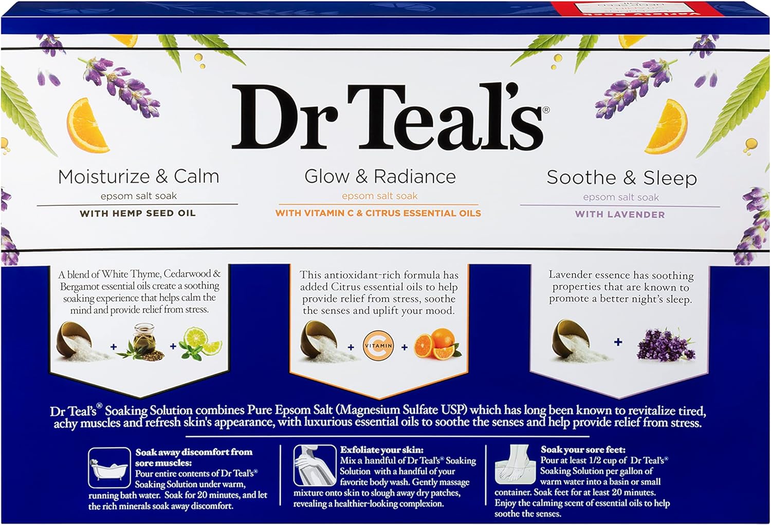 Dr Teal's Epsom Salt Trio Gift Set (3 14 oz Bags) - Soothe & Sleep, Glow Radiance, Moisturize Calm Treat Youe Skin, Senses, Stress at Home Spa Kit Achy Muscles 42 Ounce)