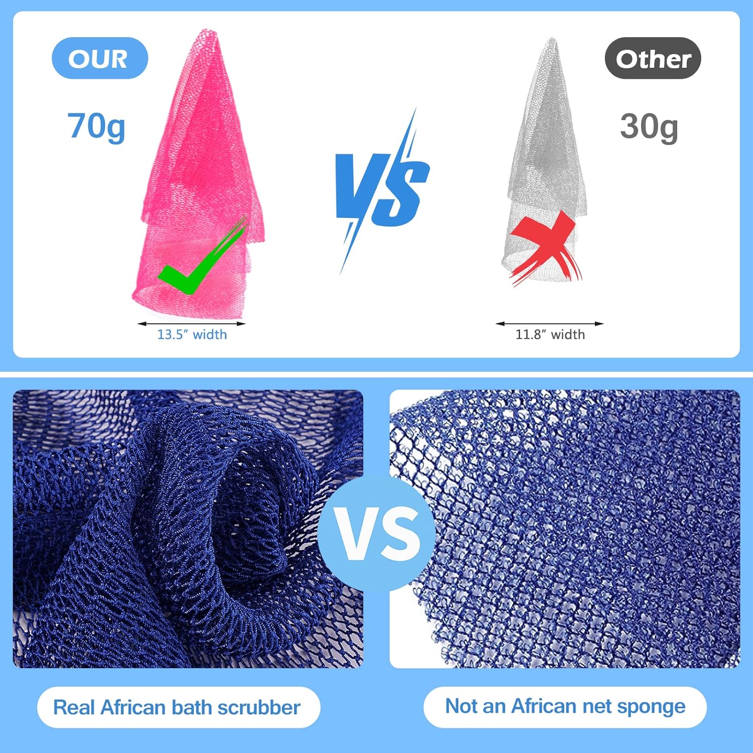 2 Pieces African Net Sponge, African Exfoliating Net Rip-Resistant Loofah Exfoliating, Body Back Scrubber for Shower, Authentic Long Nylon Exfoliating Back Washcloth Towel for All Skin