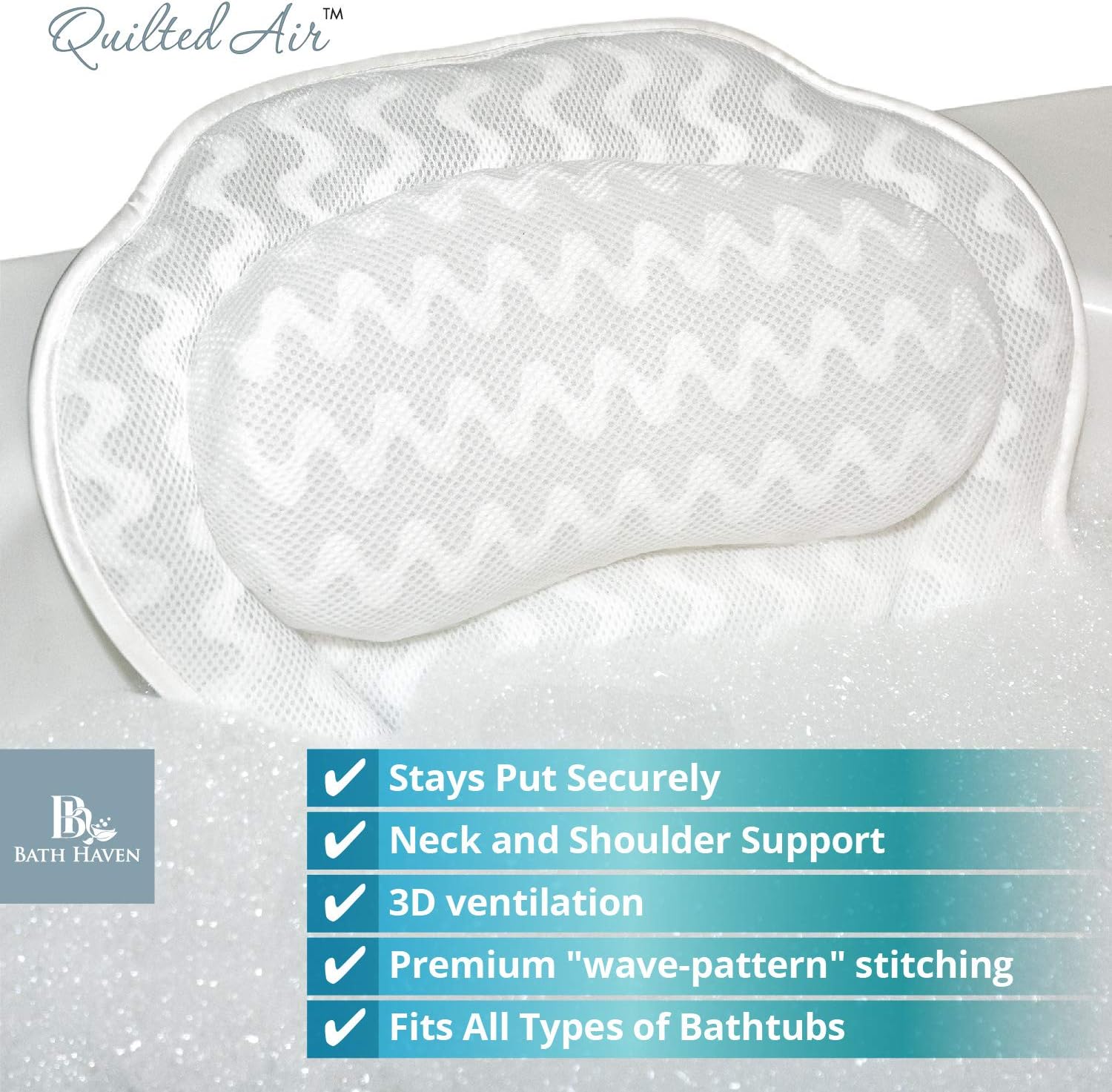 Bath Pillow Bathtub Pillow Back Neck Support Pillow, Spa Cushion for Tub, Relaxing Headrest Bath Pillow, Portable Washable Bathtub Accessories with 3D Air Mesh Thick Soft Bath Pillow, White