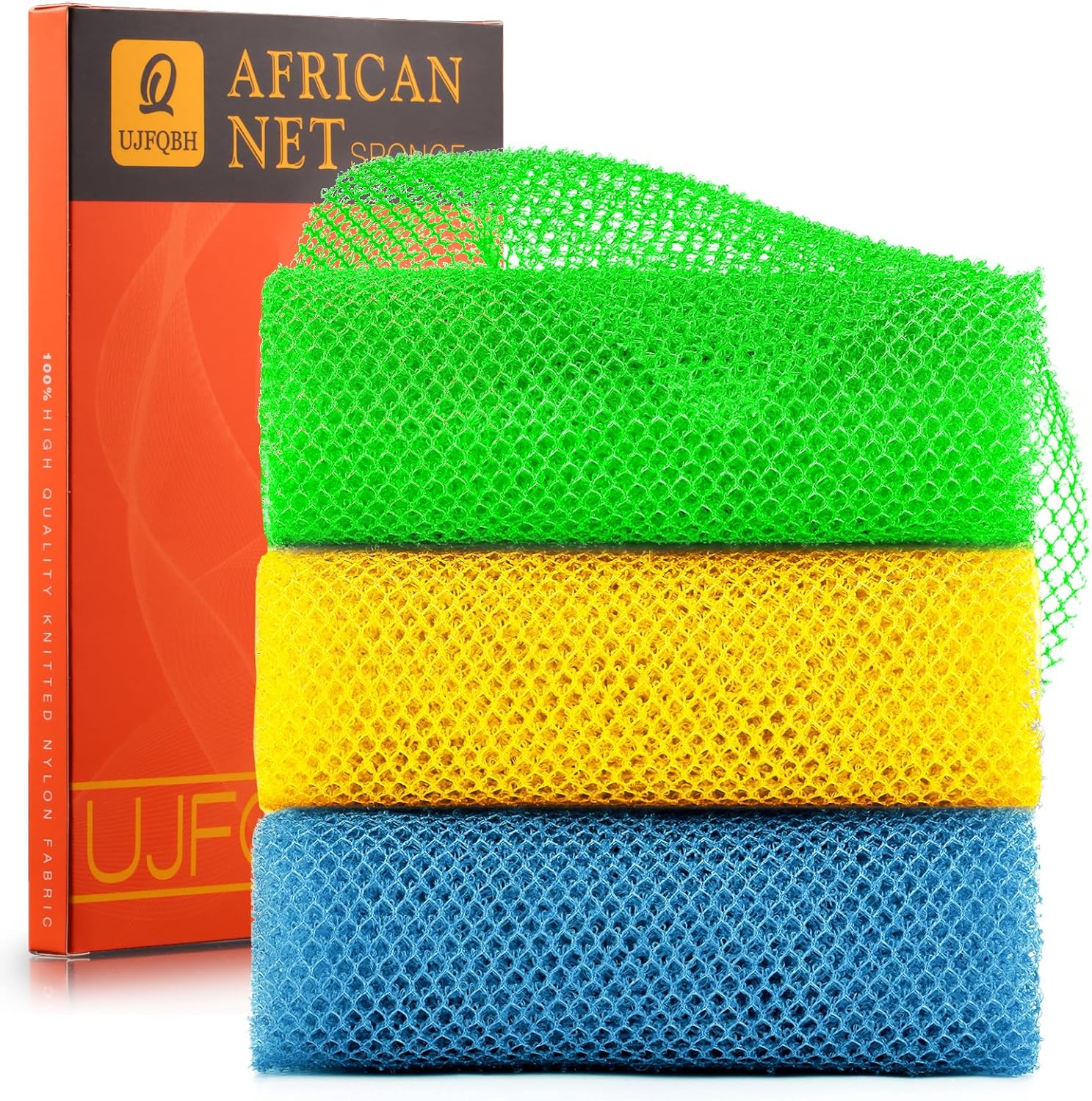 UJFQBH 3 Pieces African Bath Sponge African Net Long Net Bath Sponge Exfoliating Shower Body Scrubber Back Scrubber Skin Smoother,Great for Daily Use (Pink,Yellow,Purple)