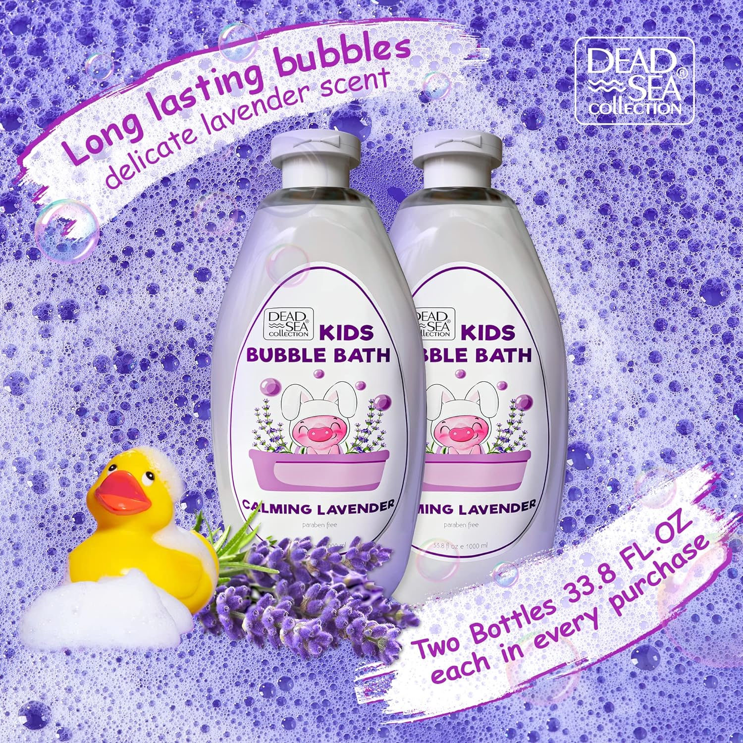 Dead Sea Collection Bubble Bath Kids with Calming Lavender Scent - Cleansing and Moisturizing Kids Bubble Bath - with Natural Dead Sea Minerals - Pack of 2 Large Bottle (33,8 fl oz Each)