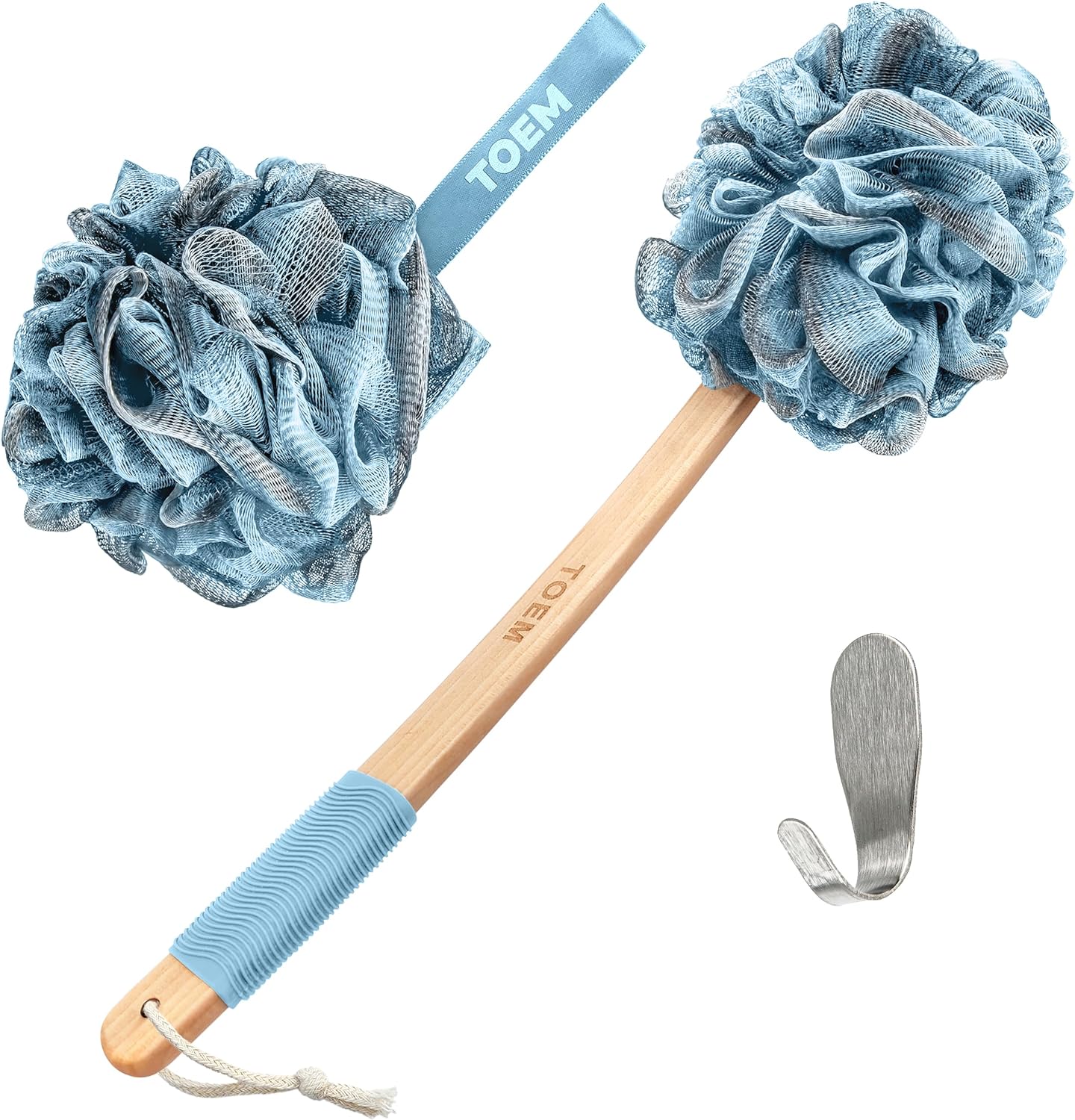 Toem Loofah Back Scrubber for Shower | Bamboo Charcoal Fiber Infused | Loufas for Men & Women | Includes 1 Long Handled Shower Sponge, 1 Bath & Shower Luffa Pouf & 1 Hook to Hang Stuff (Slate Grey)