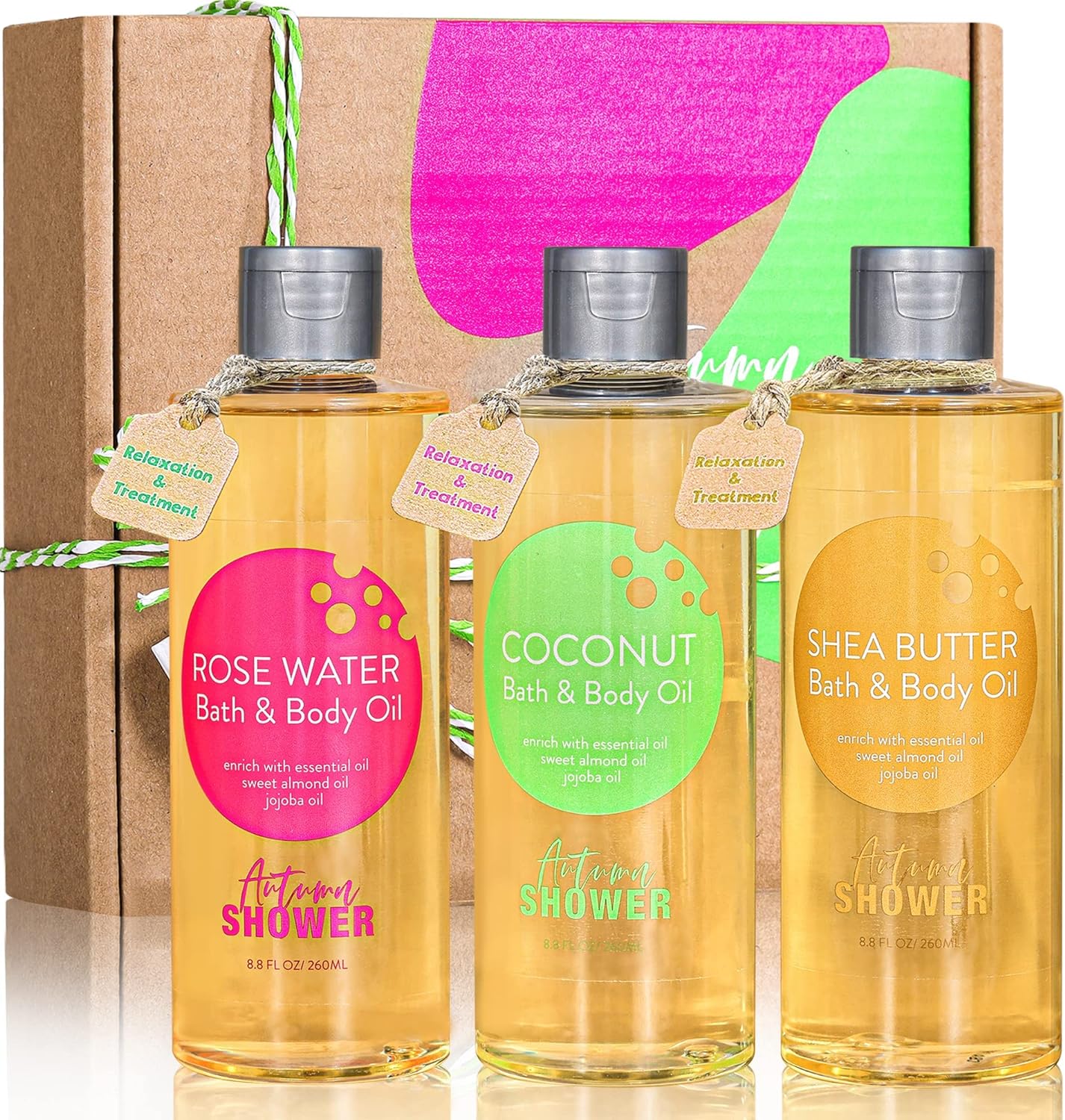 Bath and Body Oil Autumn Shower Body Oil with Sweet Almond Oil Jojoba Oil and Shea Butter, Lavender & Coconut Shower Oils Mother's Day Gift for Women Dry Skin Christmas Gift Set 17.6 fl oz (Pack of 2)