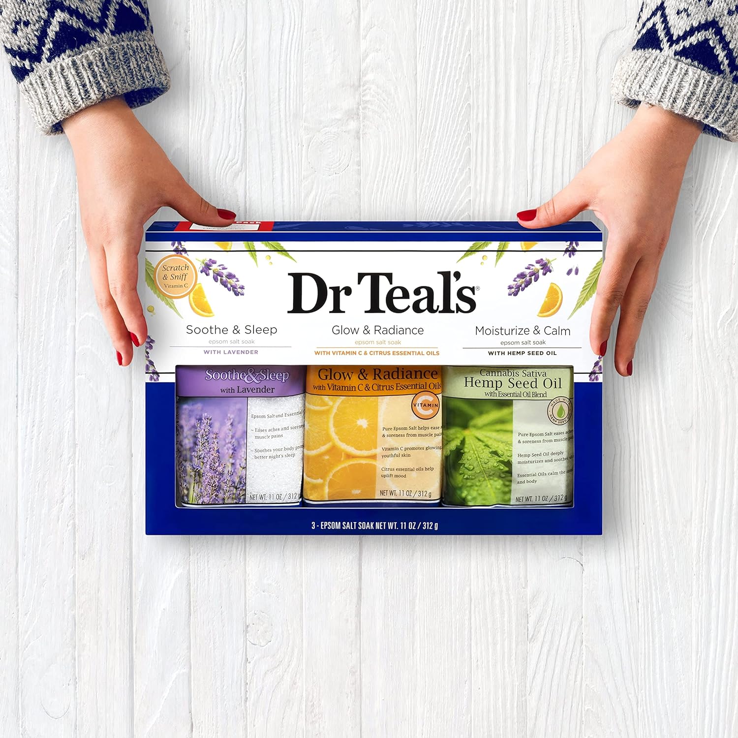 Dr Teal's Epsom Salt Trio Gift Set (3 14 oz Bags) - Soothe & Sleep, Glow Radiance, Moisturize Calm Treat Youe Skin, Senses, Stress at Home Spa Kit Achy Muscles 42 Ounce)