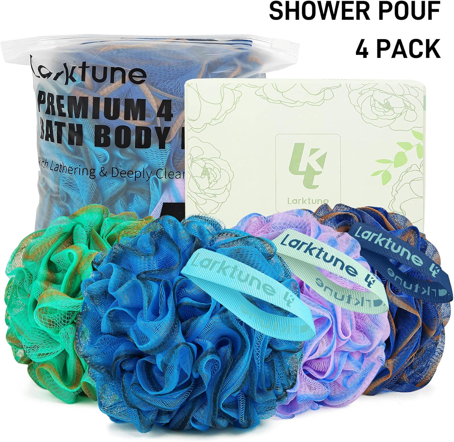 Shower Loofah Bath Sponge 75g - 4 Pack Large Soft Nylon Mesh Puff for Men, Loofah Shower Exfoliating Scrubber Pouf, Full Cleanse, Beauty Bathing Accessories