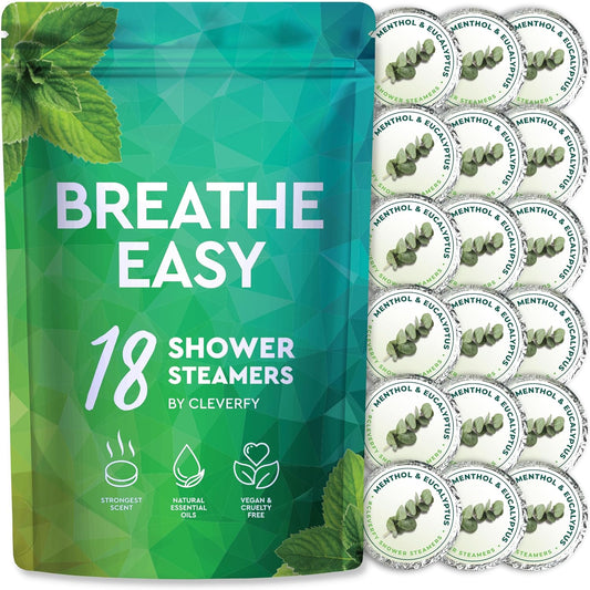 Cleverfy Shower Steamers Aromatherapy - 18 Pack of Menthol & Eucalyptus Shower Bombs with Essential Oils for Relaxation and Nasal Congestion. Christmas Gifts and Stocking Stuffers for Women and Men.