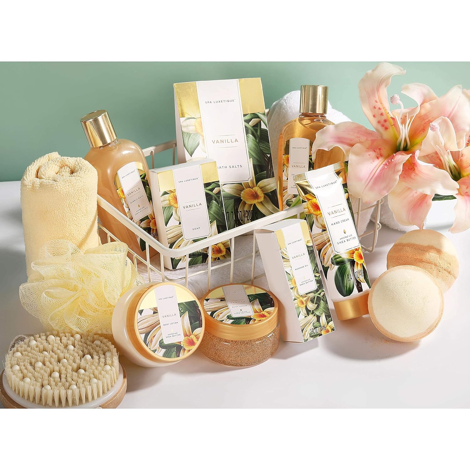Spa Luxetique Gift Baskets for Women,15 Pcs Vanilla Spa Gifts for Women, Gifts for Women with Bubble Bath, Bath Salt, Bath Bombs Birthday Gifts for Woman With Tote Bag, Valentine's Day Gifts for Women