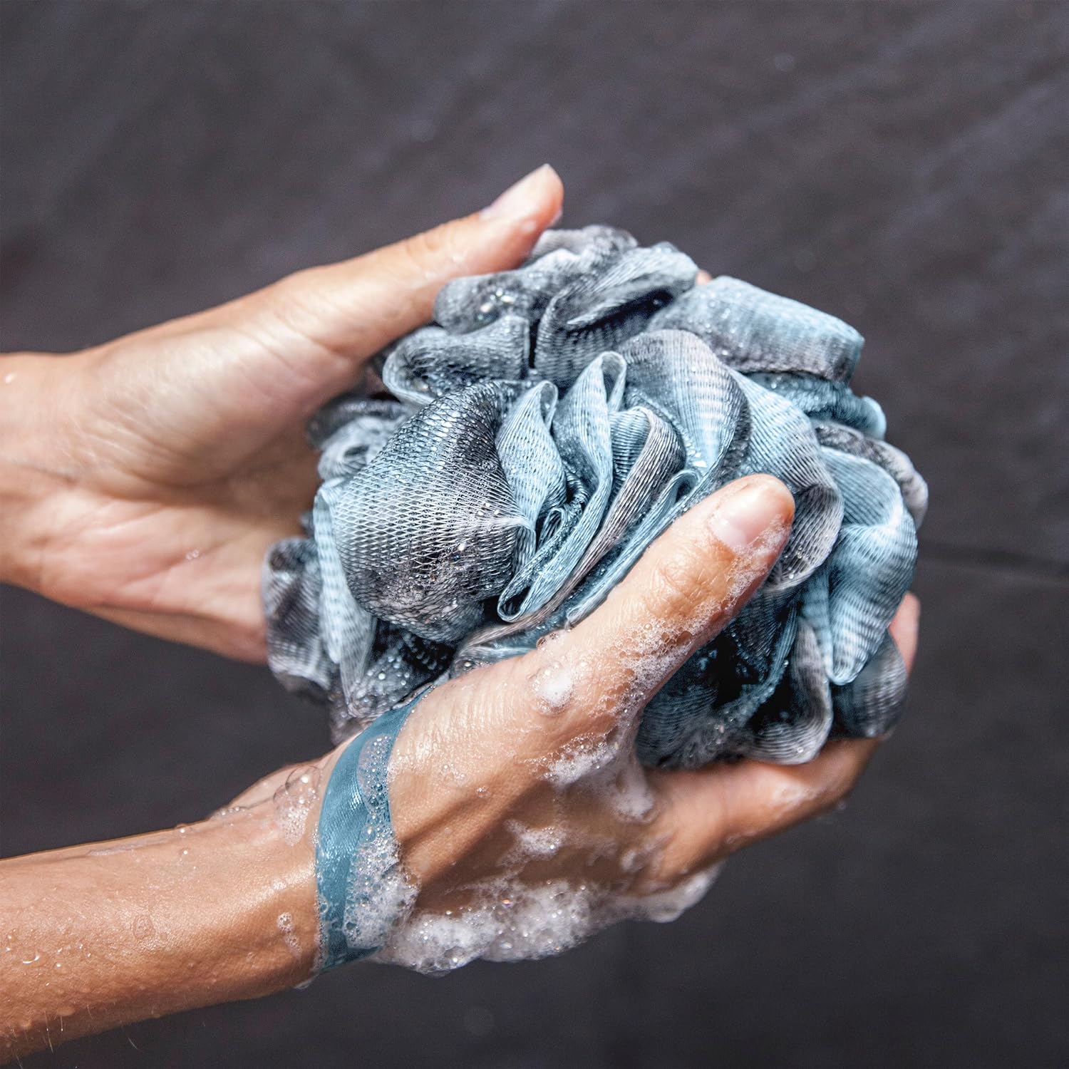 Toem Loofah Back Scrubber for Shower | Bamboo Charcoal Fiber Infused | Loufas for Men & Women | Includes 1 Long Handled Shower Sponge, 1 Bath & Shower Luffa Pouf & 1 Hook to Hang Stuff (Slate Grey)