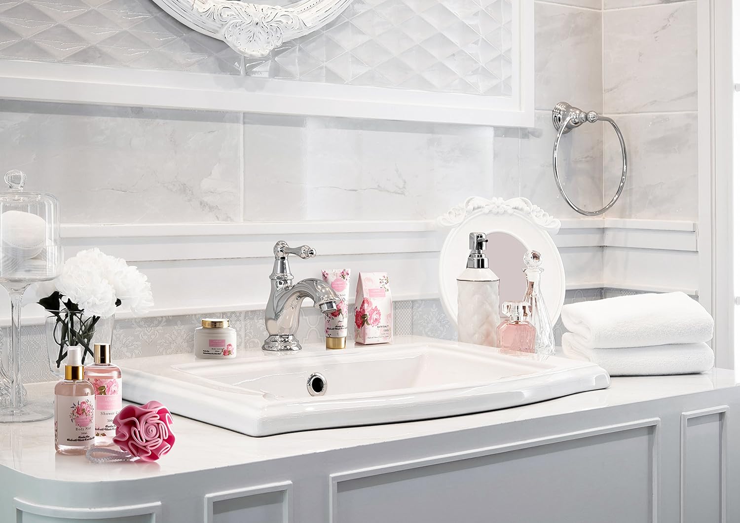 Valentines Gifts, Home Spa Gift Basket - Wild Rose & Raspberry Leaf Scent - 7pc Bath & Body Set for Men and Women - Shower Gel, Body Lotion, Body Scrub, Bath Salt, Body Mist, Bath Puff & Shower Caddy