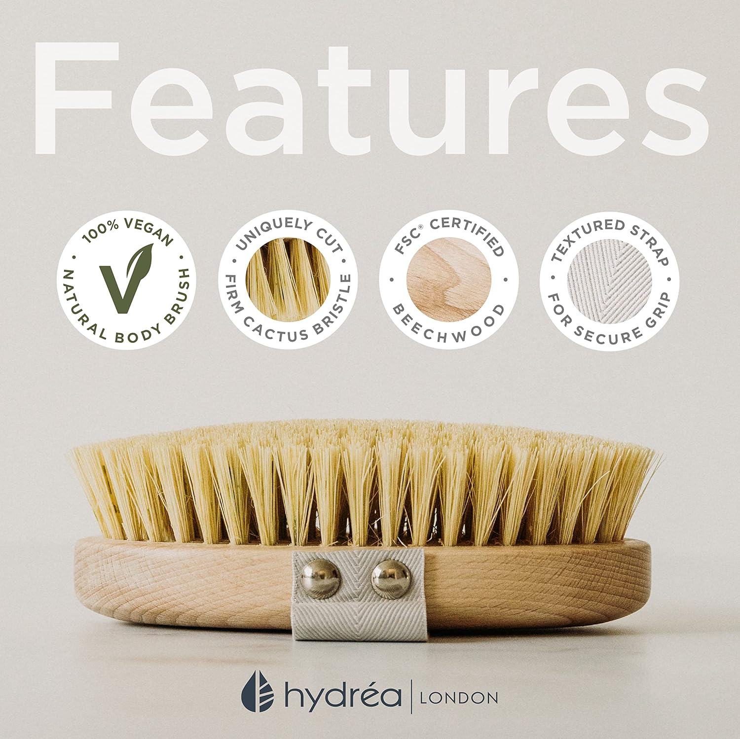 Hydrea London Dry Brushing Body Brush with Cactus Bristle - Dry Brush for Skin, Cellulite Remover, Vegan Best Dry Brush for Flawless Skin, Helps Improve Lymphatic Drainage - FSC® Certified Beechwood.