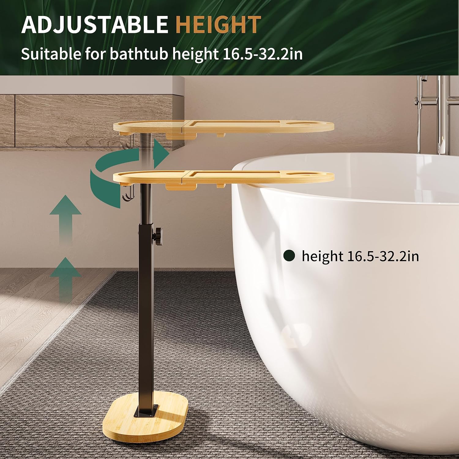 Ackitry Bamboo Bathtub Tray Table with 17-32 inch Adjustable Height, Liftable Freestanding Bath Caddy Tray for Tub Against Wall, Bathtub Side Table Shelf for Luxury Bath Home Spa Bathtub Accessories