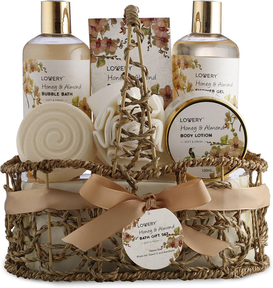 Home Spa Gift Basket - Honey & Almond Scent - Luxury Bath & Body Set With Shower Gel, Bubble Bath, Body Lotion, Bath Salt, Bath Bomb, Bath Puff & Handmade Weaved Basket