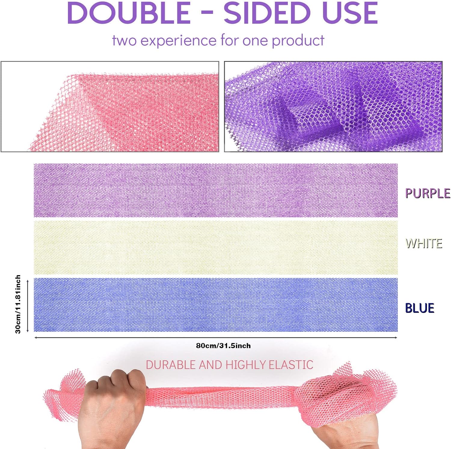 UJFQBH 3 Pieces African Bath Sponge African Net Long Net Bath Sponge Exfoliating Shower Body Scrubber Back Scrubber Skin Smoother,Great for Daily Use (Pink,Yellow,Purple)