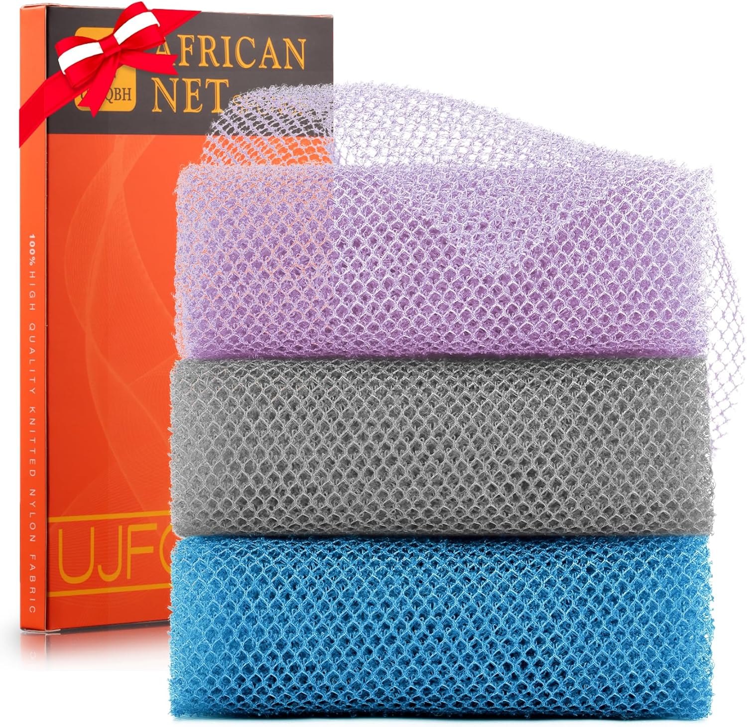 UJFQBH 3 Pieces African Bath Sponge African Net Long Net Bath Sponge Exfoliating Shower Body Scrubber Back Scrubber Skin Smoother,Great for Daily Use (Pink,Yellow,Purple)