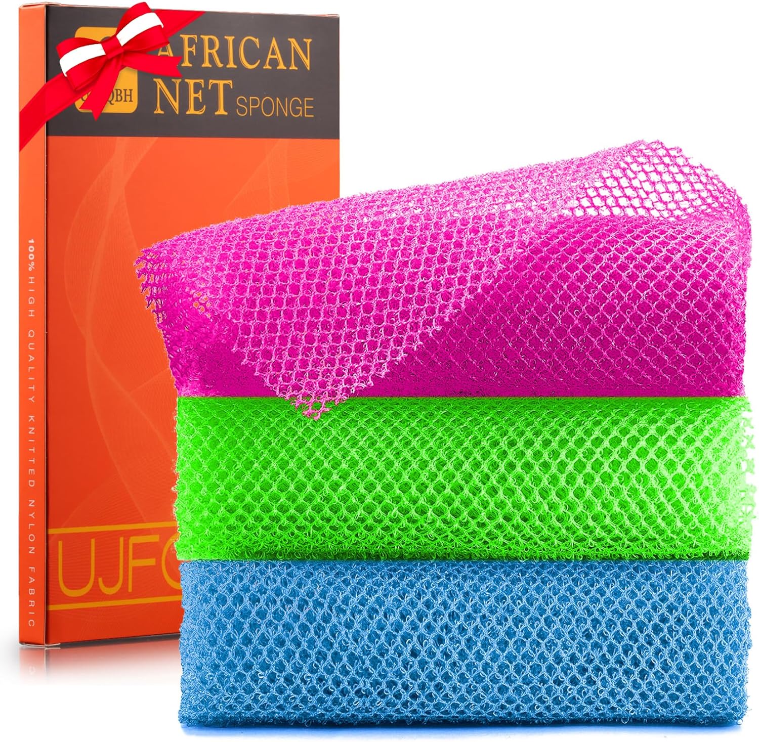 UJFQBH 3 Pieces African Bath Sponge African Net Long Net Bath Sponge Exfoliating Shower Body Scrubber Back Scrubber Skin Smoother,Great for Daily Use (Pink,Yellow,Purple)