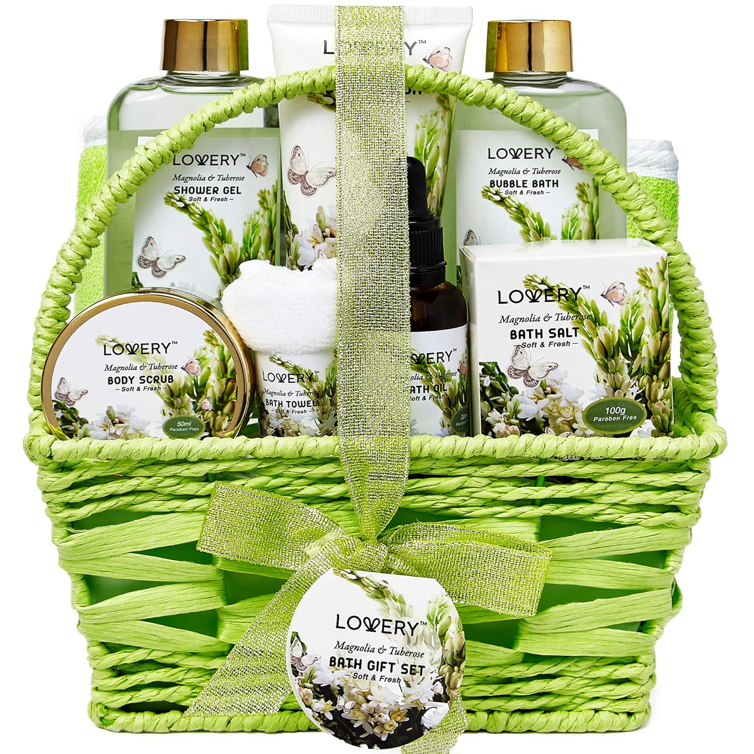 Valentines Day Gifts from Daughter and Son, Bath and Body Birthday Gift Basket For Women and Men – Magnolia & Tuberose Home Spa Set, Includes Fragrant Lotions, Massage Oil, Bath Towel & More - 9pc Set