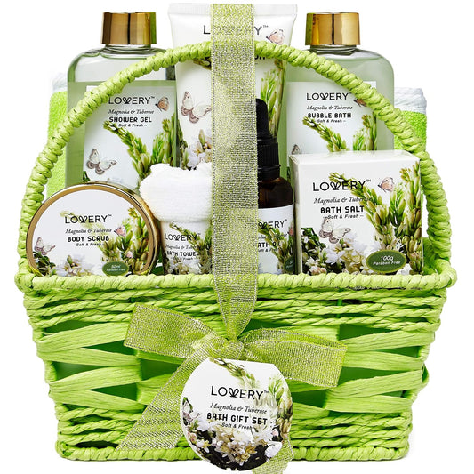 Valentines Day Gifts from Daughter and Son, Bath and Body Birthday Gift Basket For Women and Men – Magnolia & Tuberose Home Spa Set, Includes Fragrant Lotions, Massage Oil, Bath Towel & More - 9pc Set