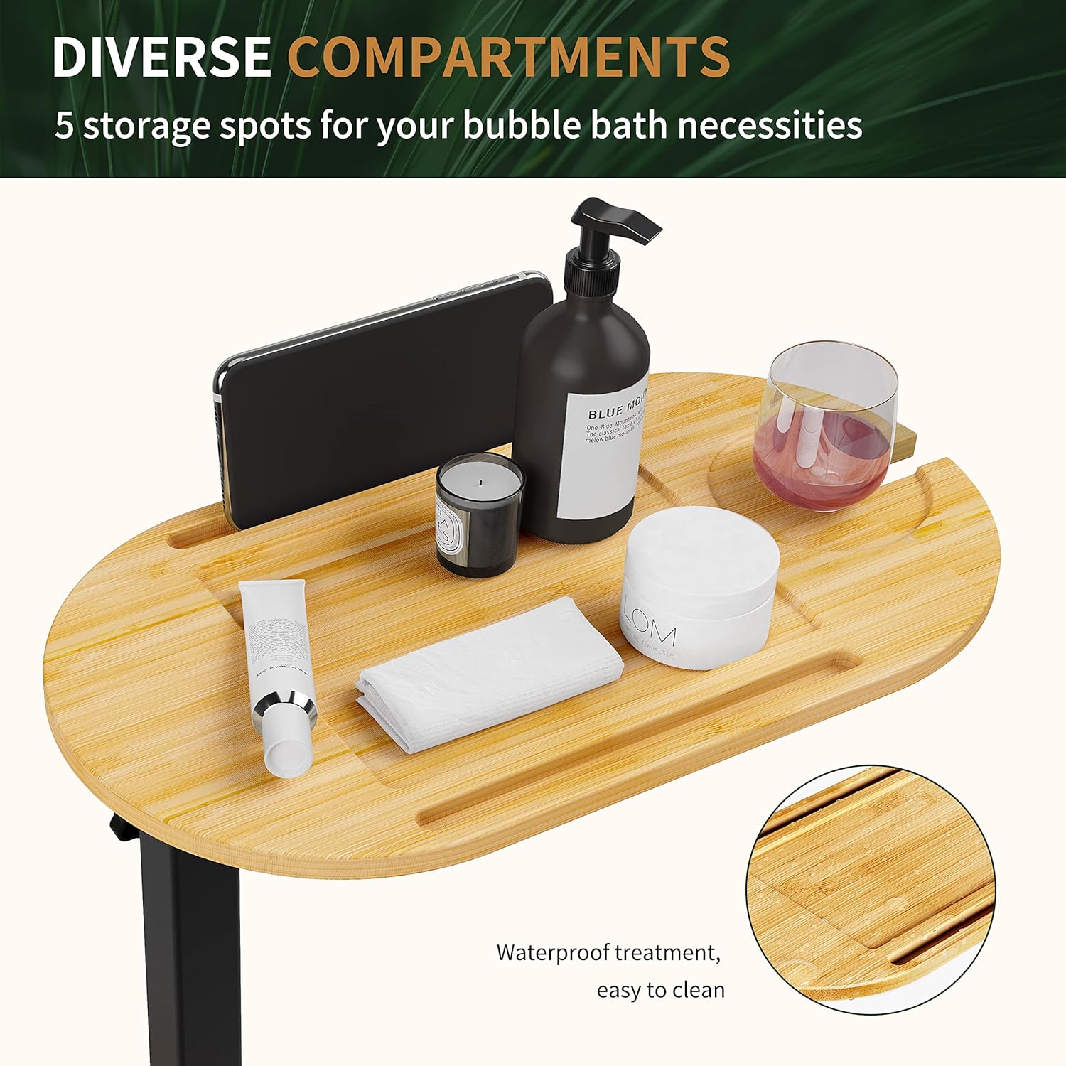 Ackitry Bamboo Bathtub Tray Table with 17-32 inch Adjustable Height, Liftable Freestanding Bath Caddy Tray for Tub Against Wall, Bathtub Side Table Shelf for Luxury Bath Home Spa Bathtub Accessories