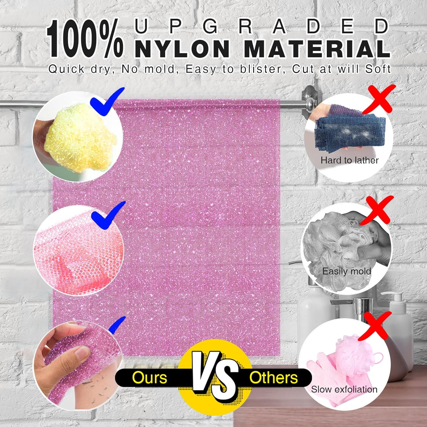 UJFQBH 3 Pieces African Bath Sponge African Net Long Net Bath Sponge Exfoliating Shower Body Scrubber Back Scrubber Skin Smoother,Great for Daily Use (Pink,Yellow,Purple)