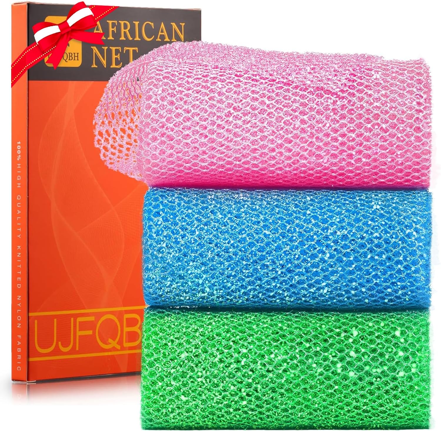 UJFQBH 3 Pieces African Bath Sponge African Net Long Net Bath Sponge Exfoliating Shower Body Scrubber Back Scrubber Skin Smoother,Great for Daily Use (Pink,Yellow,Purple)
