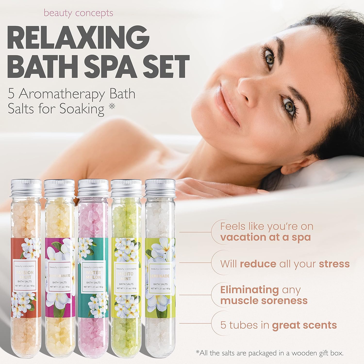 B.C. Beauty Concepts Aromatherapy Bath Salts- 5 Pack Epsom Salts for Soaking, Relaxing Bath Spa Set (Floral)