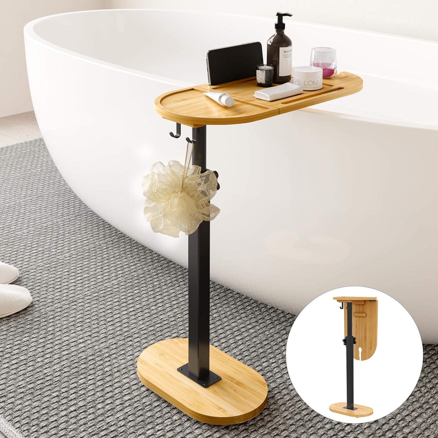 Ackitry Bamboo Bathtub Tray Table with 17-32 inch Adjustable Height, Liftable Freestanding Bath Caddy Tray for Tub Against Wall, Bathtub Side Table Shelf for Luxury Bath Home Spa Bathtub Accessories