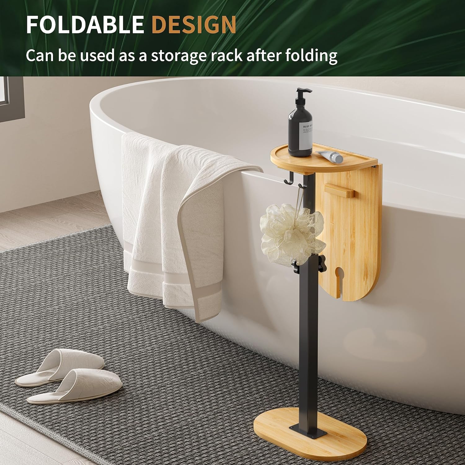 Ackitry Bamboo Bathtub Tray Table with 17-32 inch Adjustable Height, Liftable Freestanding Bath Caddy Tray for Tub Against Wall, Bathtub Side Table Shelf for Luxury Bath Home Spa Bathtub Accessories