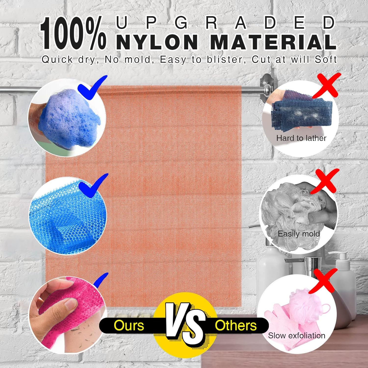 UJFQBH 3 Pieces African Bath Sponge African Net Long Net Bath Sponge Exfoliating Shower Body Scrubber Back Scrubber Skin Smoother,Great for Daily Use (Pink,Yellow,Purple)