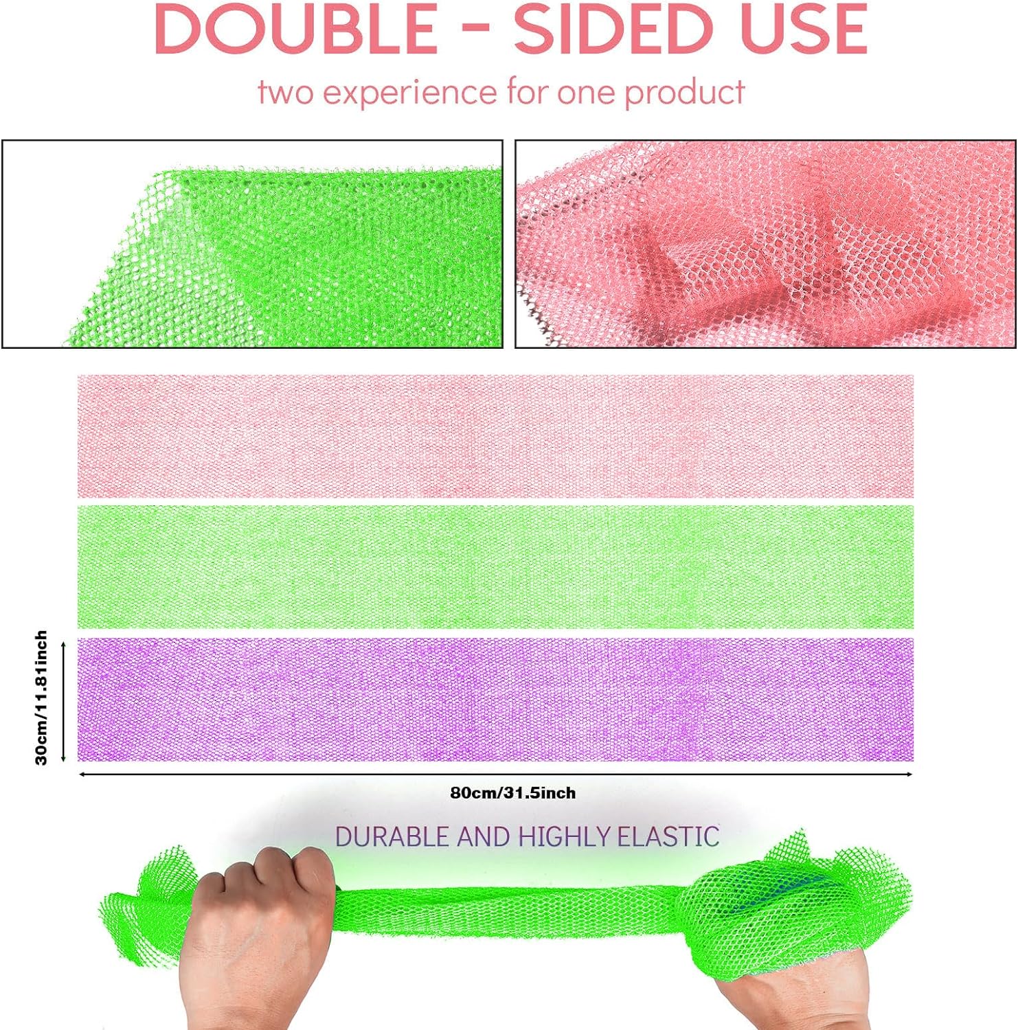 UJFQBH 3 Pieces African Bath Sponge African Net Long Net Bath Sponge Exfoliating Shower Body Scrubber Back Scrubber Skin Smoother,Great for Daily Use (Pink,Yellow,Purple)