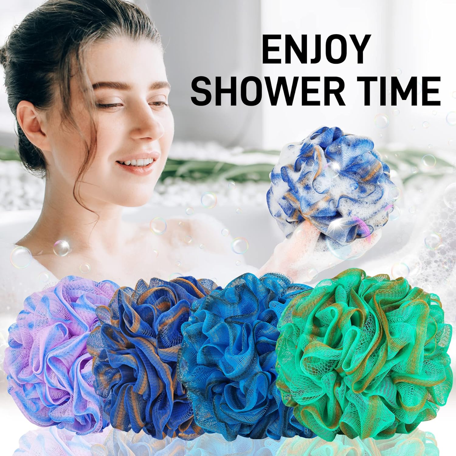 Shower Loofah Bath Sponge 75g - 4 Pack Large Soft Nylon Mesh Puff for Men, Loofah Shower Exfoliating Scrubber Pouf, Full Cleanse, Beauty Bathing Accessories