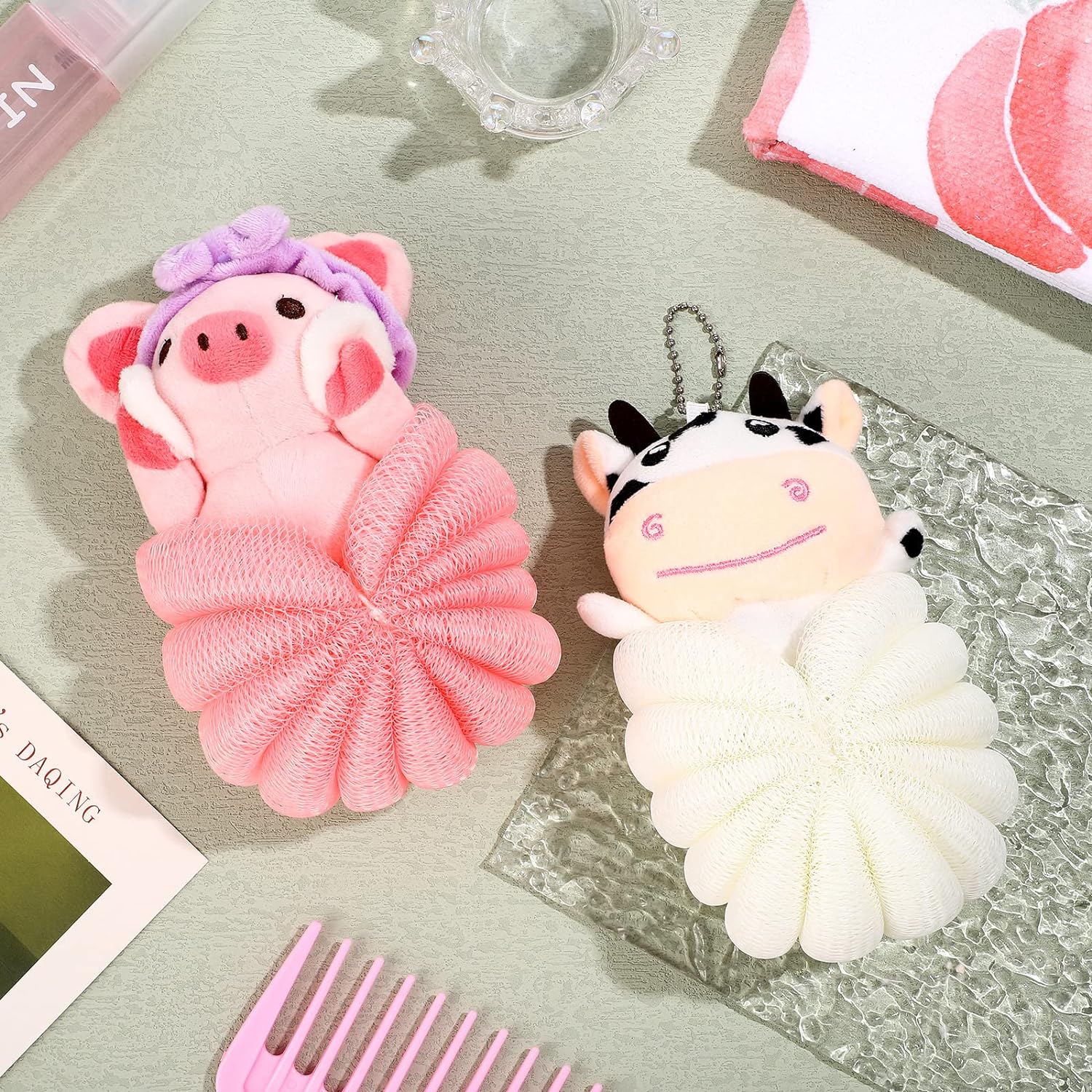 Vesici 2 Pcs Bath Sponge Kids Body Shower Loofah Cute Animal Cartoon Colorful Baby Pouf Mesh for Toddler Children Adults Gifts Washing Exfoliating, Pig and Cow 1 count