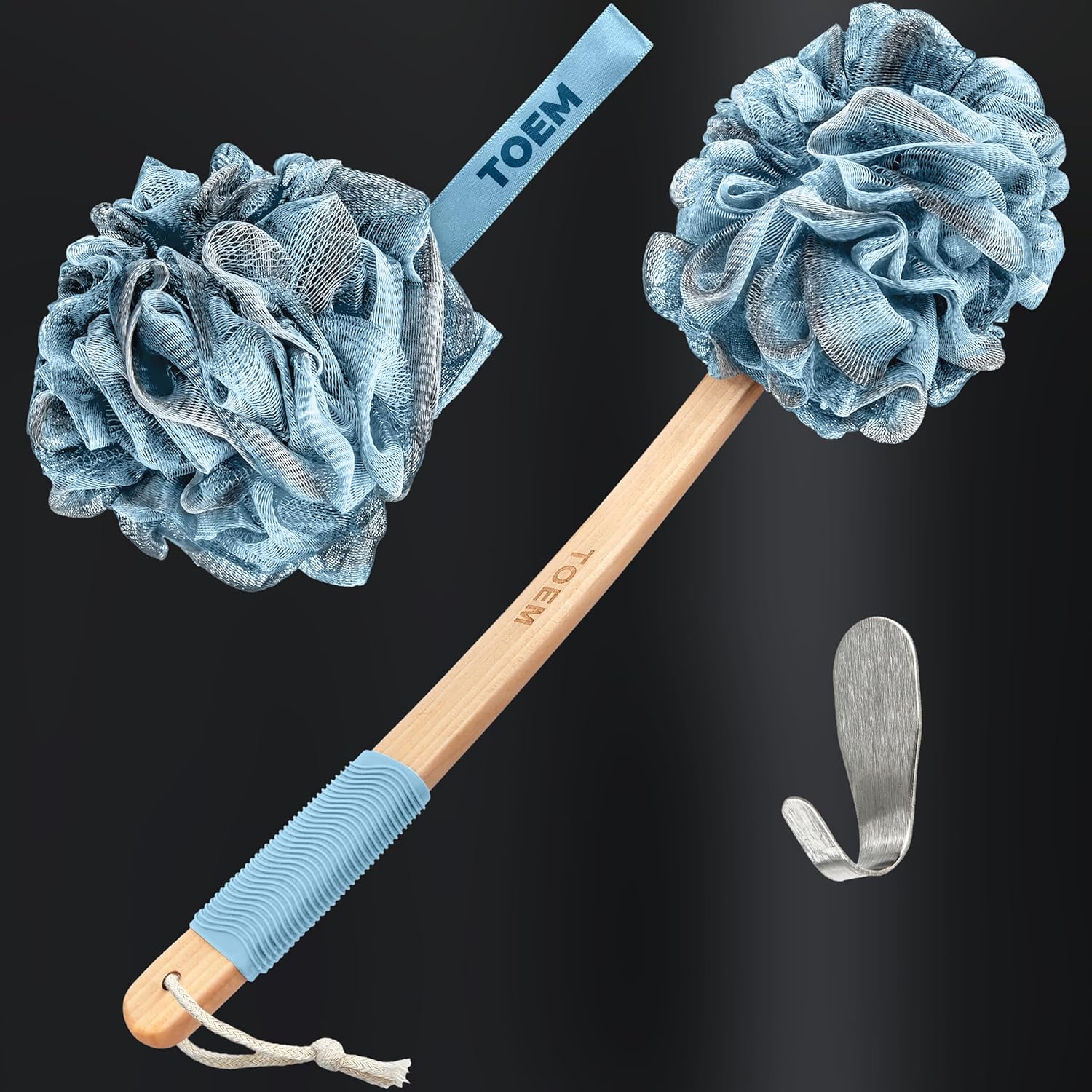 Toem Loofah Back Scrubber for Shower | Bamboo Charcoal Fiber Infused | Loufas for Men & Women | Includes 1 Long Handled Shower Sponge, 1 Bath & Shower Luffa Pouf & 1 Hook to Hang Stuff (Slate Grey)