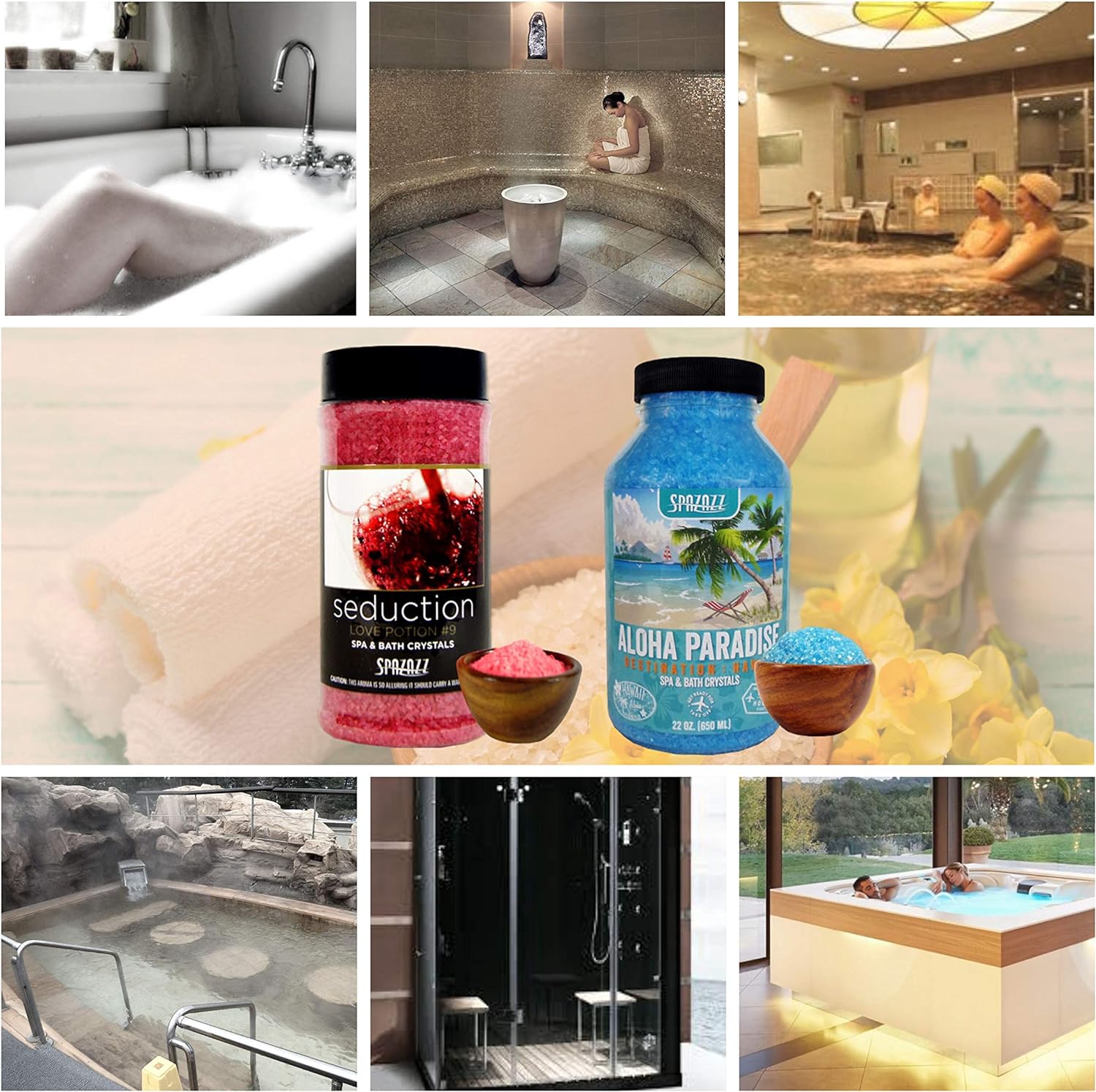 Spazazz Spa and Bath Crystals for Hot Tub and Bath Tubs — Set The Mood Love Potion #9 Seduction 17oz (482g) and Destinations Hawaii Aloha Paradise 22oz (650ml) — All Natural Aromatherapy Bundle