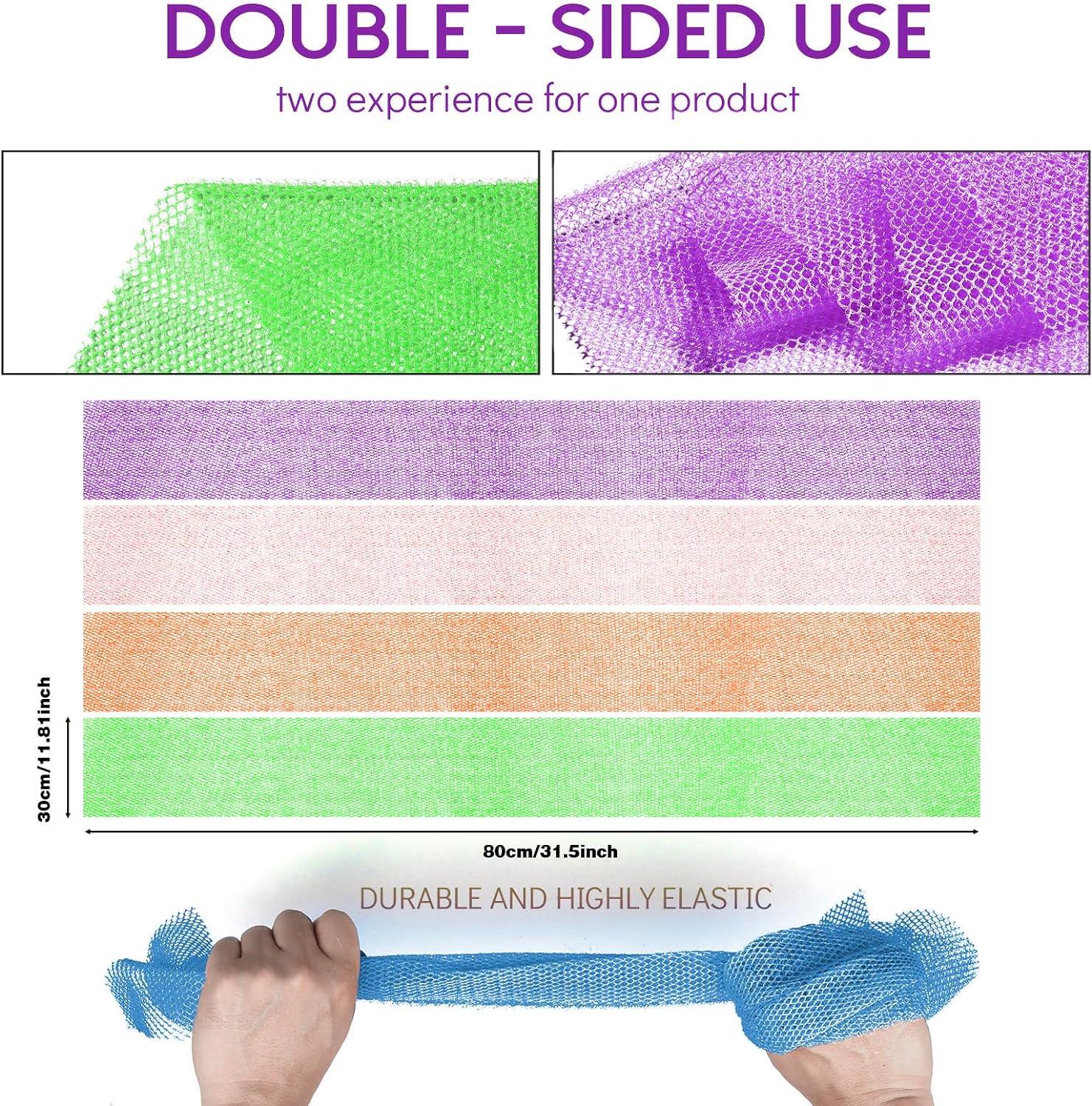 UJFQBH 3 Pieces African Bath Sponge African Net Long Net Bath Sponge Exfoliating Shower Body Scrubber Back Scrubber Skin Smoother,Great for Daily Use (Pink,Yellow,Purple)