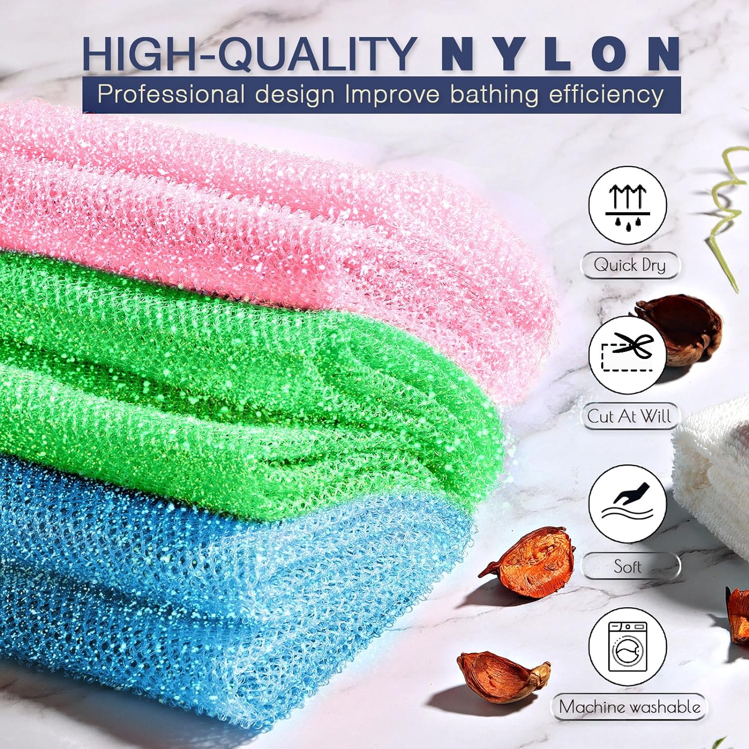 UJFQBH 3 Pieces African Bath Sponge African Net Long Net Bath Sponge Exfoliating Shower Body Scrubber Back Scrubber Skin Smoother,Great for Daily Use (Pink,Yellow,Purple)