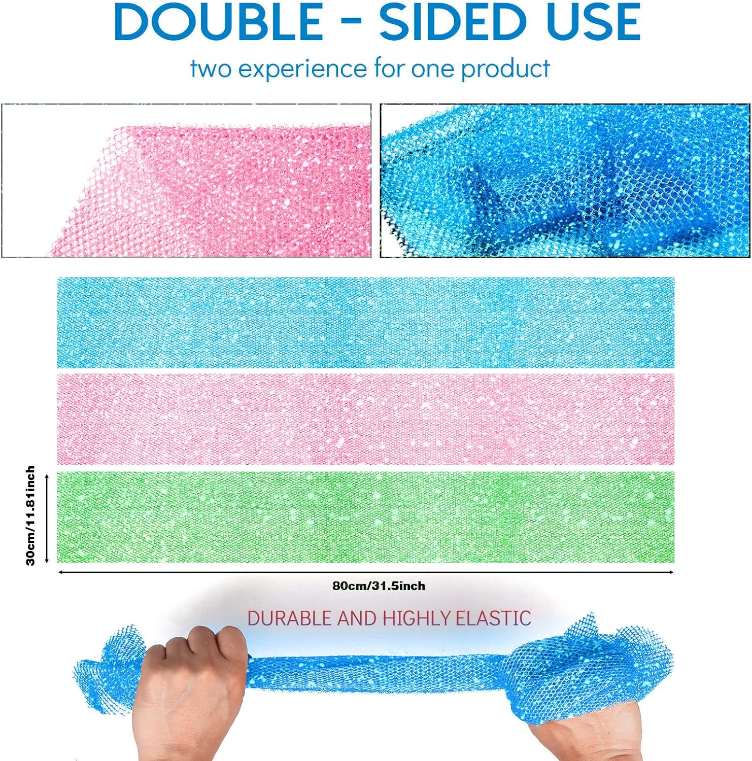 UJFQBH 3 Pieces African Bath Sponge African Net Long Net Bath Sponge Exfoliating Shower Body Scrubber Back Scrubber Skin Smoother,Great for Daily Use (Pink,Yellow,Purple)