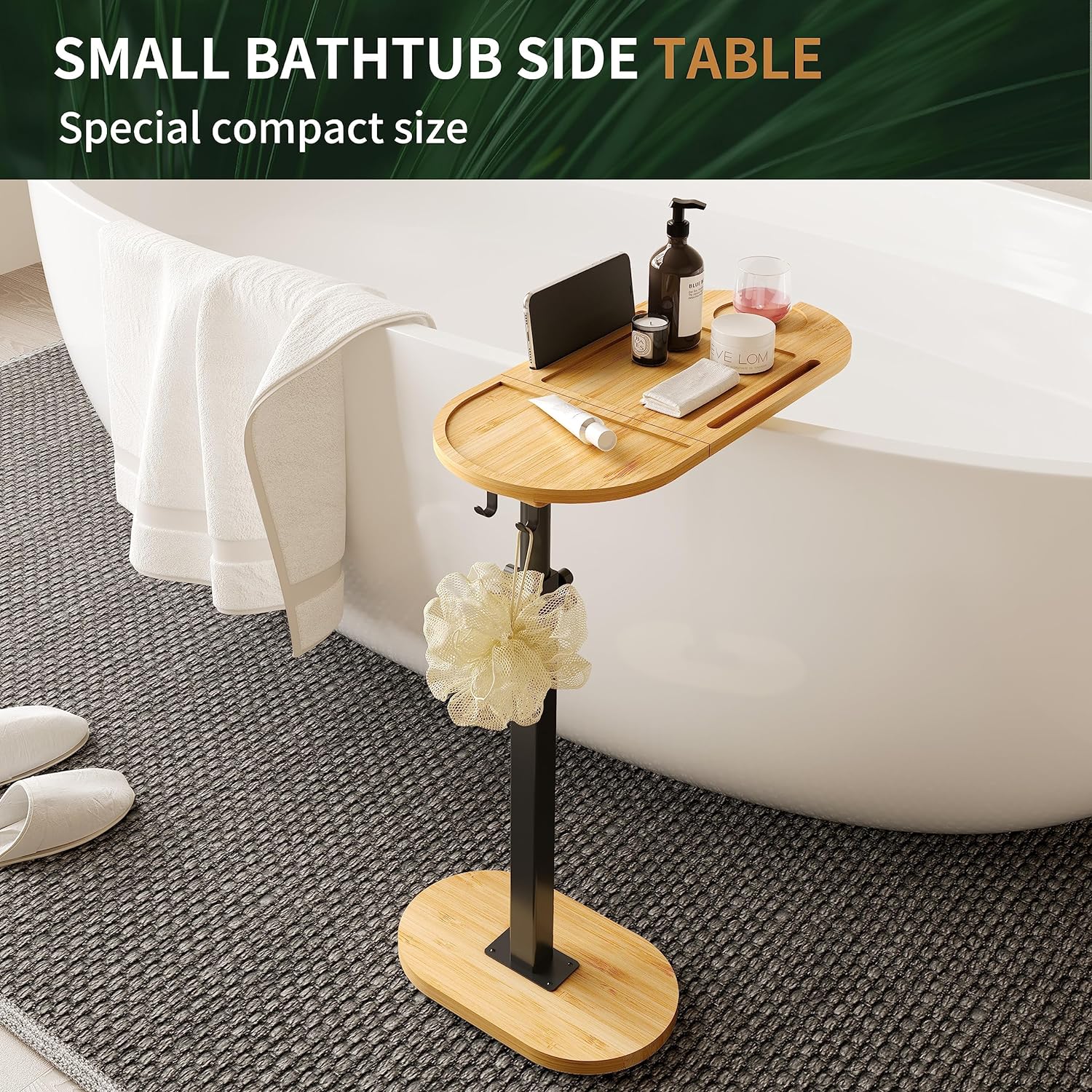 Ackitry Bamboo Bathtub Tray Table with 17-32 inch Adjustable Height, Liftable Freestanding Bath Caddy Tray for Tub Against Wall, Bathtub Side Table Shelf for Luxury Bath Home Spa Bathtub Accessories