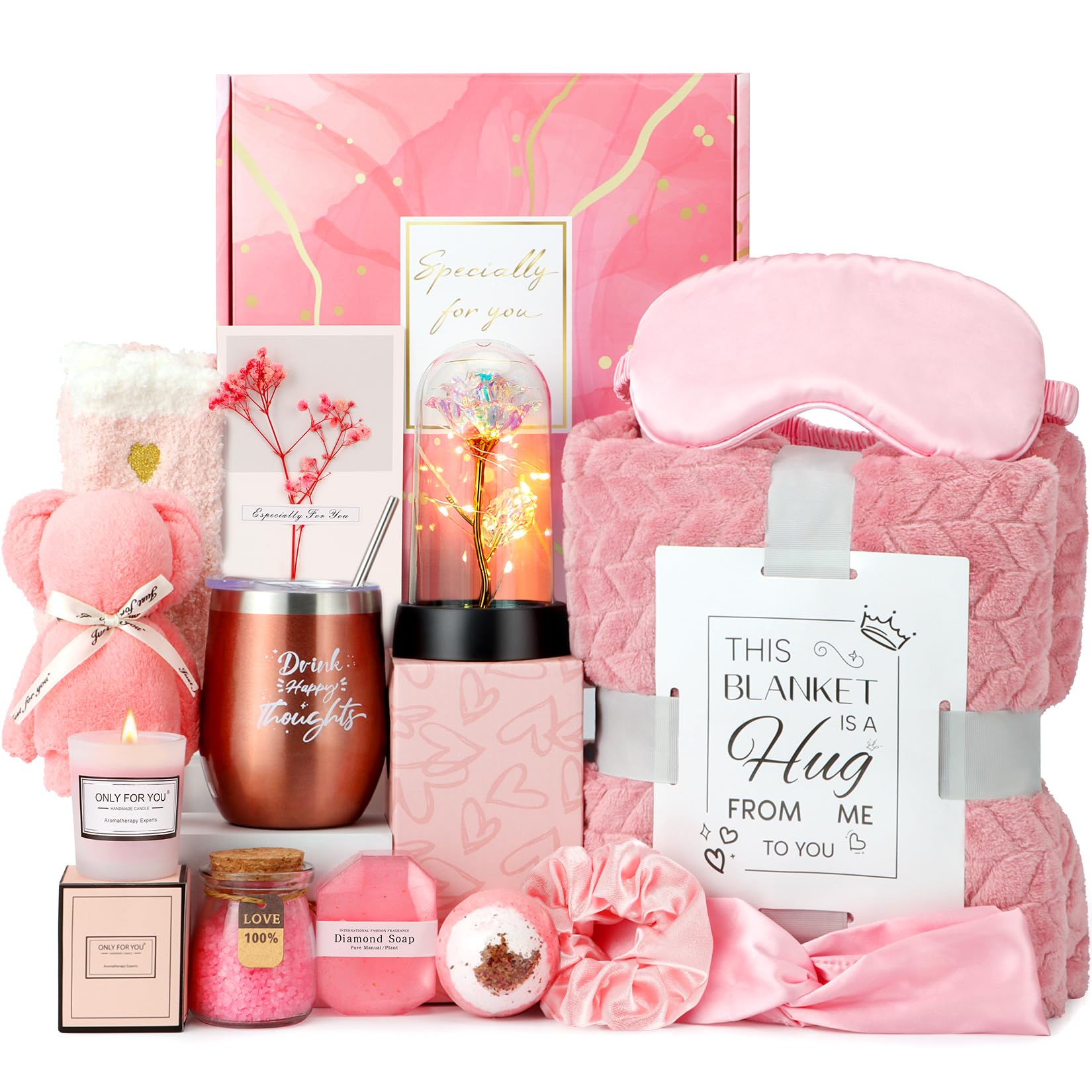 HOAI 21 Birthday and Get Well Gifts for Women - Relaxing Spa Care Package With Luxury Flannel Blanket, Light-Up Rose Flower - Unique Self Care Gift Basket for Mom, Wife, Friends