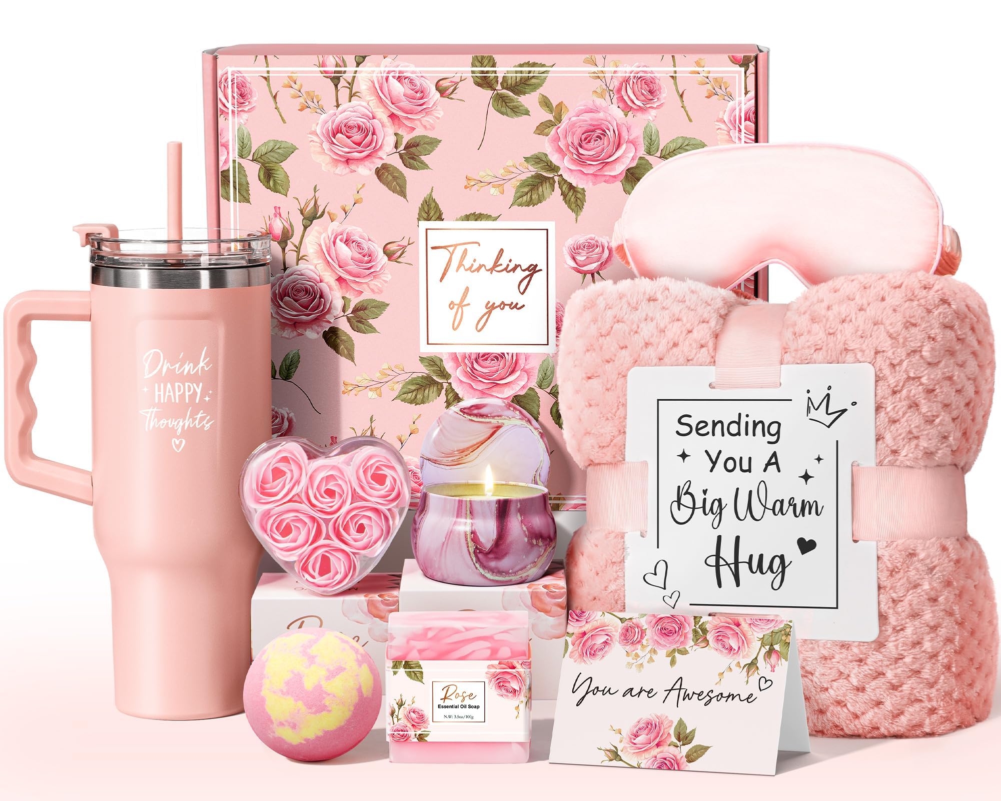 SEDUMBLISS NR 4 - Birthday Gifts for Women Self Care Get Well Soon Gifts, Rose Relaxing Spa Gifts Box Care Package Basket w/ Luxury Flannel Blanket 40 oz Tumbler, Christmas Gifts Set for Mom Her Wife Girlfriend Sister
