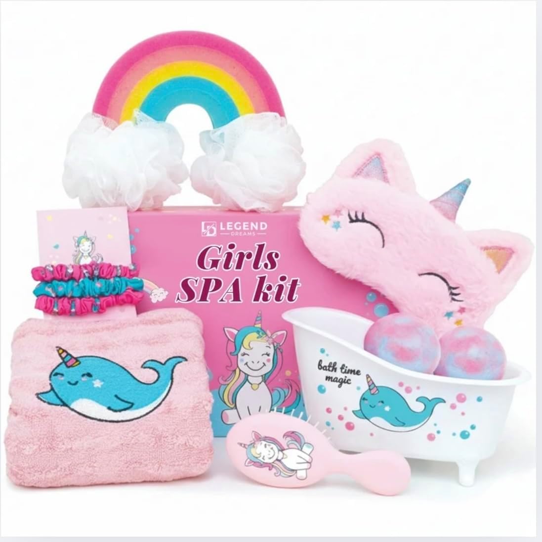 Unicorn Bath Gift Set for Girls Ages 3-8,10 pcs Kids Gift Box with Bath Bombs,Sponge,Eye mask&Hairbrush,Fun Birtday and Holiday Present,Lovely gifts.